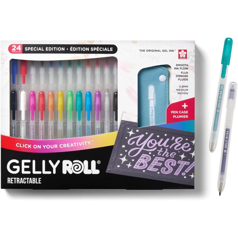 image:imageSAKURA Gelly Roll Retractable Gel Pens Colored  Assorted Gel Color Pens with Different Effects  08 Medium Point Ink Pen for Journaling Art or Drawing  1 Pen Case  Assorted Colored Ink  24 Pens