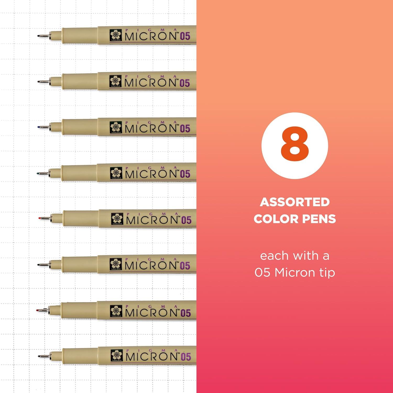 image:imageSAKURA Pigma Micron Fineliner Pens  Archival Black and Colored Ink Pens  For Writing Drawing or Journaling  Black and Assorted Colored Ink  08 Nib Size  Fine Line  8 Pack05 Tip