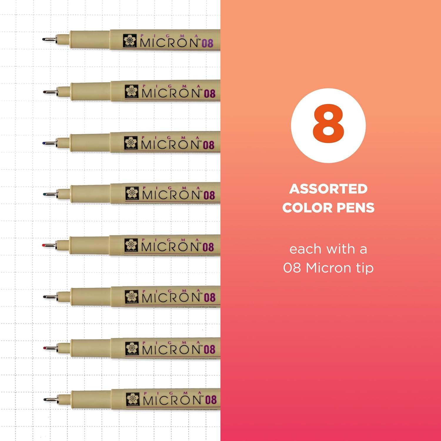image:imageSAKURA Pigma Micron Fineliner Pens  Archival Black and Colored Ink Pens  For Writing Drawing or Journaling  Black and Assorted Colored Ink  08 Nib Size  Fine Line  8 Pack08 Tip Pack of 1