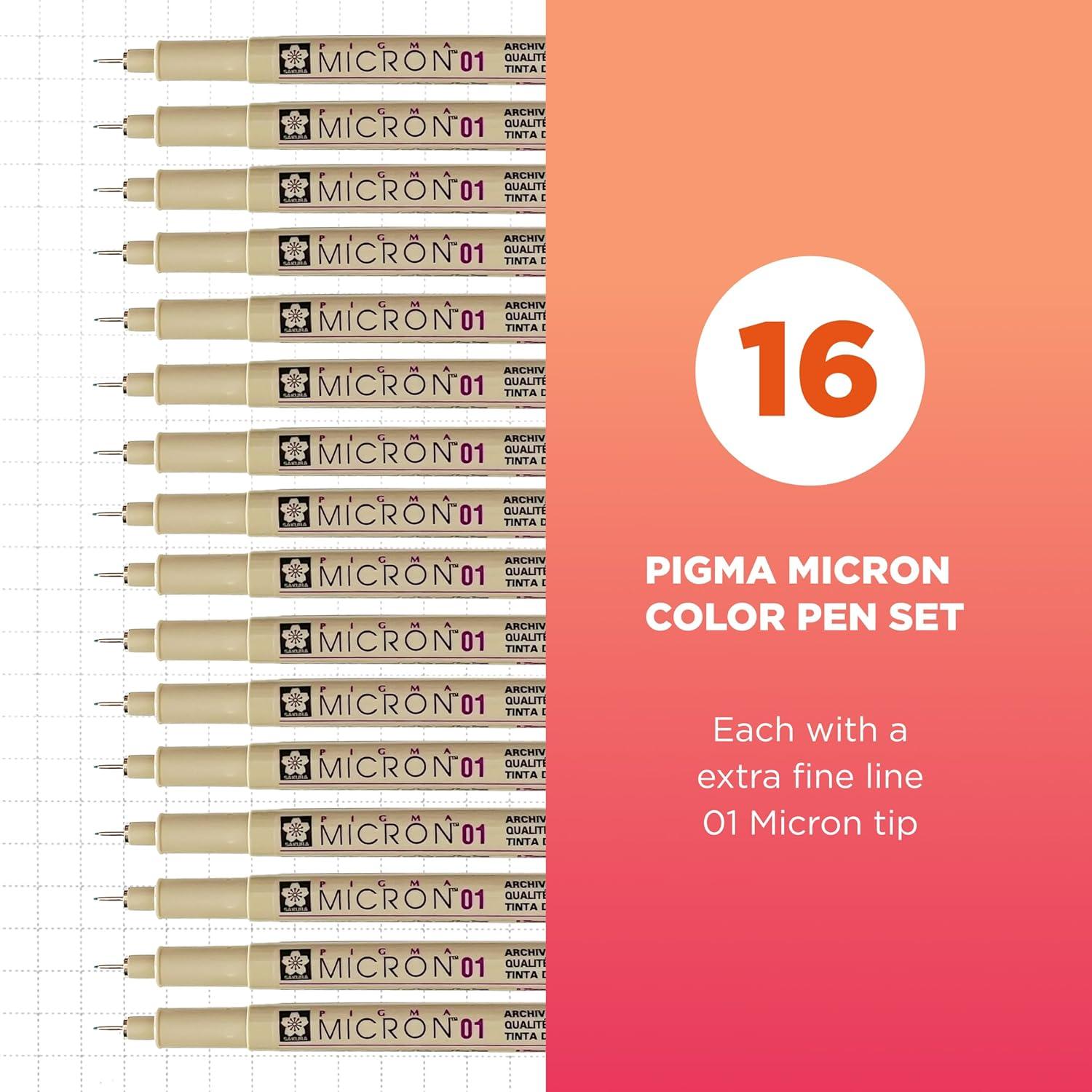 image:imageSAKURA Pigma Micron Fineliner Pens  Archival Colored Ink Pens  For Writing Drawing or Journaling  Colored Ink  01 Point Size  16 Pack