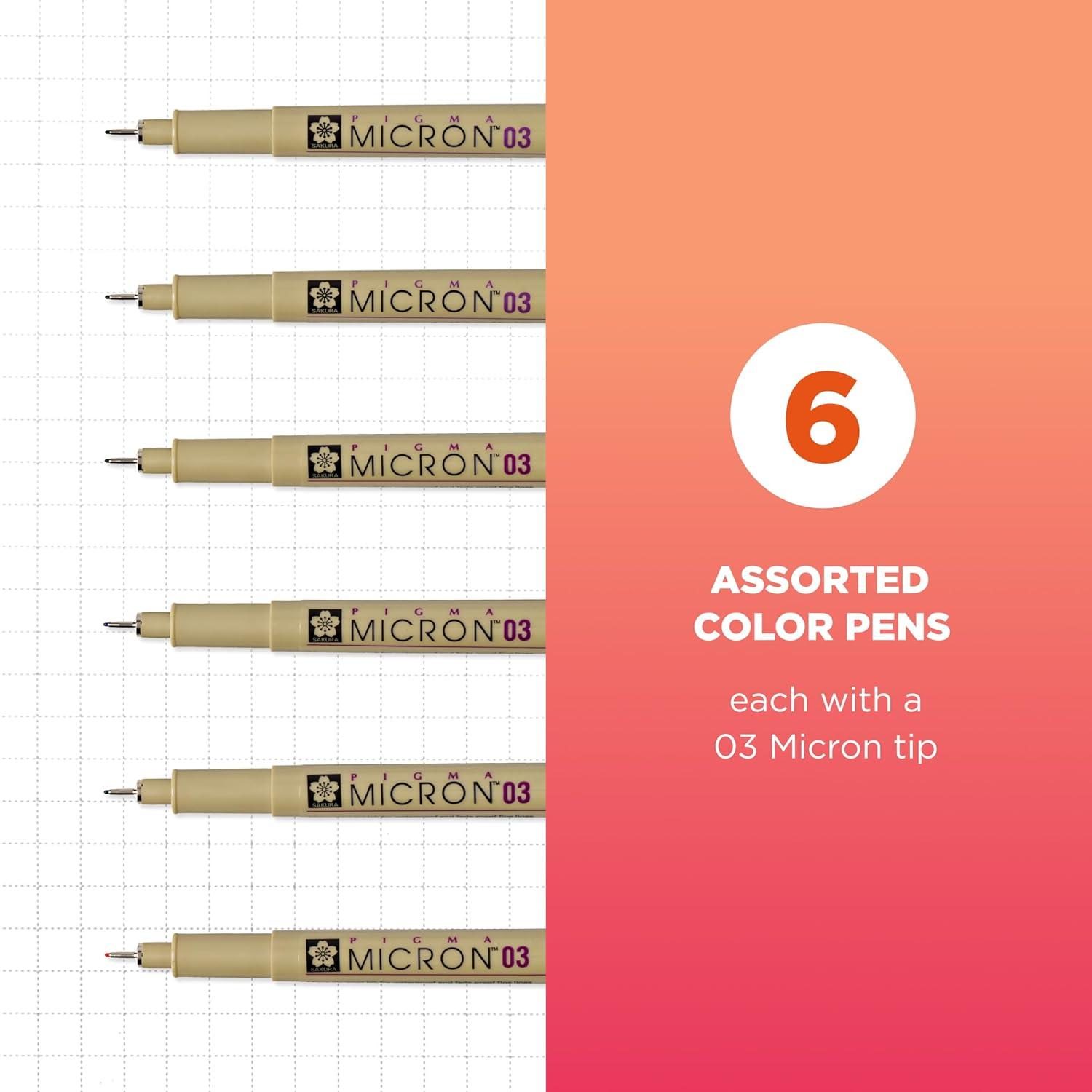 image:imageSAKURA Pigma Micron Fineliner Pens 03 Tip Size Archival Asst Colors 6 PK 5004903 Tip