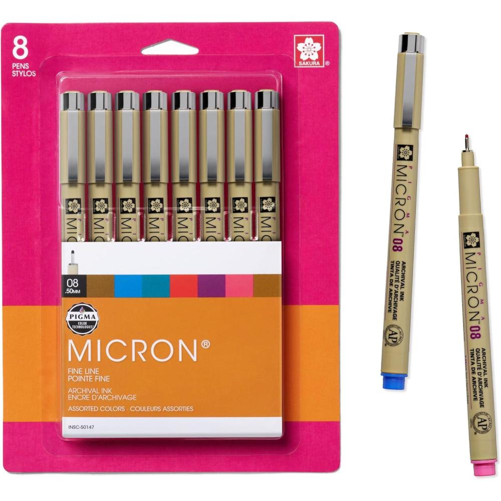 image:imageSAKURA Pigma Micron Fineliner Pens  Archival Black and Colored Ink Pens  For Writing Drawing or Journaling  Black and Assorted Colored Ink  08 Nib Size  Fine Line  8 Pack08 Tip Pack of 1