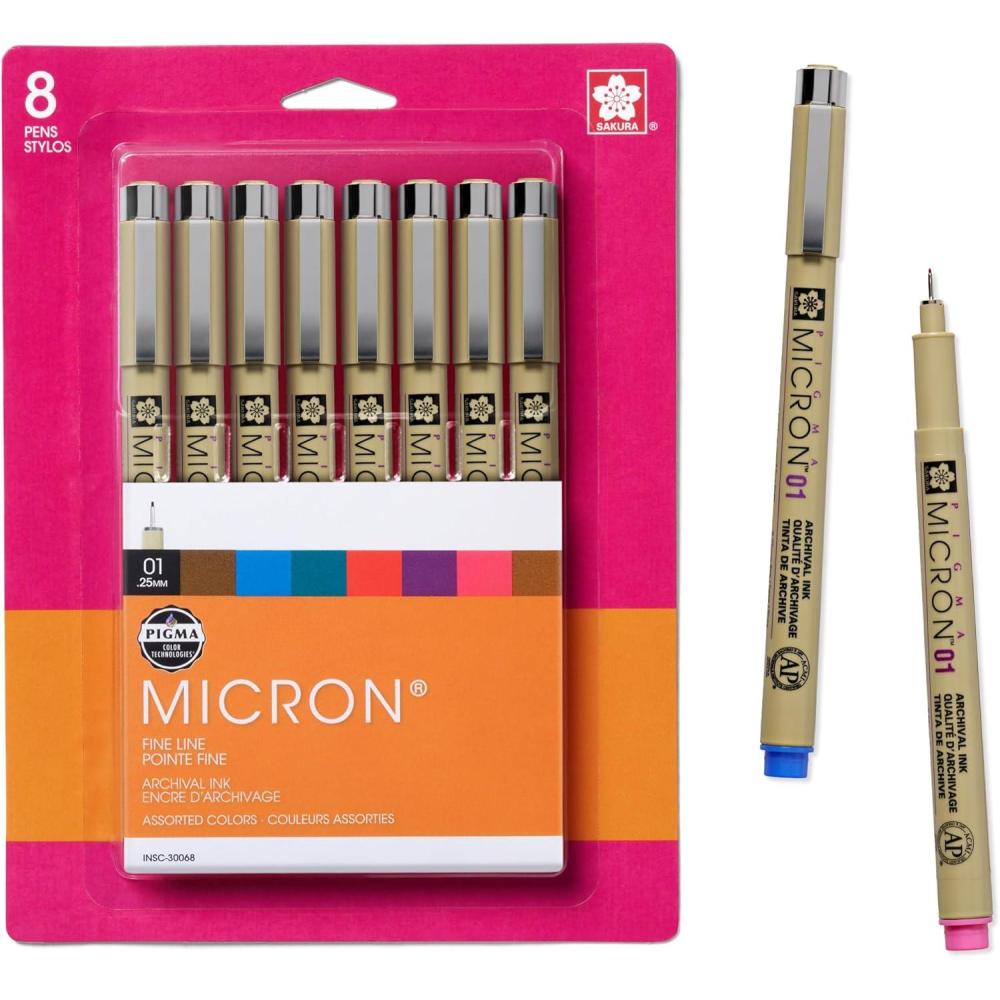 image:imageSAKURA Pigma Micron Fineliner Pens  Archival Black and Colored Ink Pens  For Writing Drawing or Journaling  Black and Assorted Colored Ink  08 Nib Size  Fine Line  8 Pack01 Tip