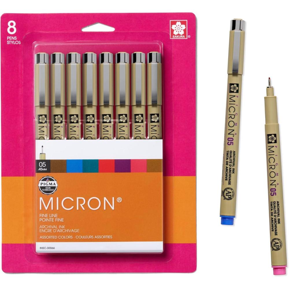image:imageSAKURA Pigma Micron Fineliner Pens  Archival Black and Colored Ink Pens  For Writing Drawing or Journaling  Black and Assorted Colored Ink  08 Nib Size  Fine Line  8 Pack05 Tip