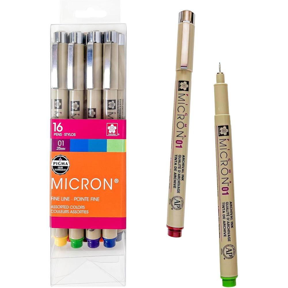 image:imageSAKURA Pigma Micron Fineliner Pens  Archival Colored Ink Pens  For Writing Drawing or Journaling  Colored Ink  01 Point Size  16 Pack