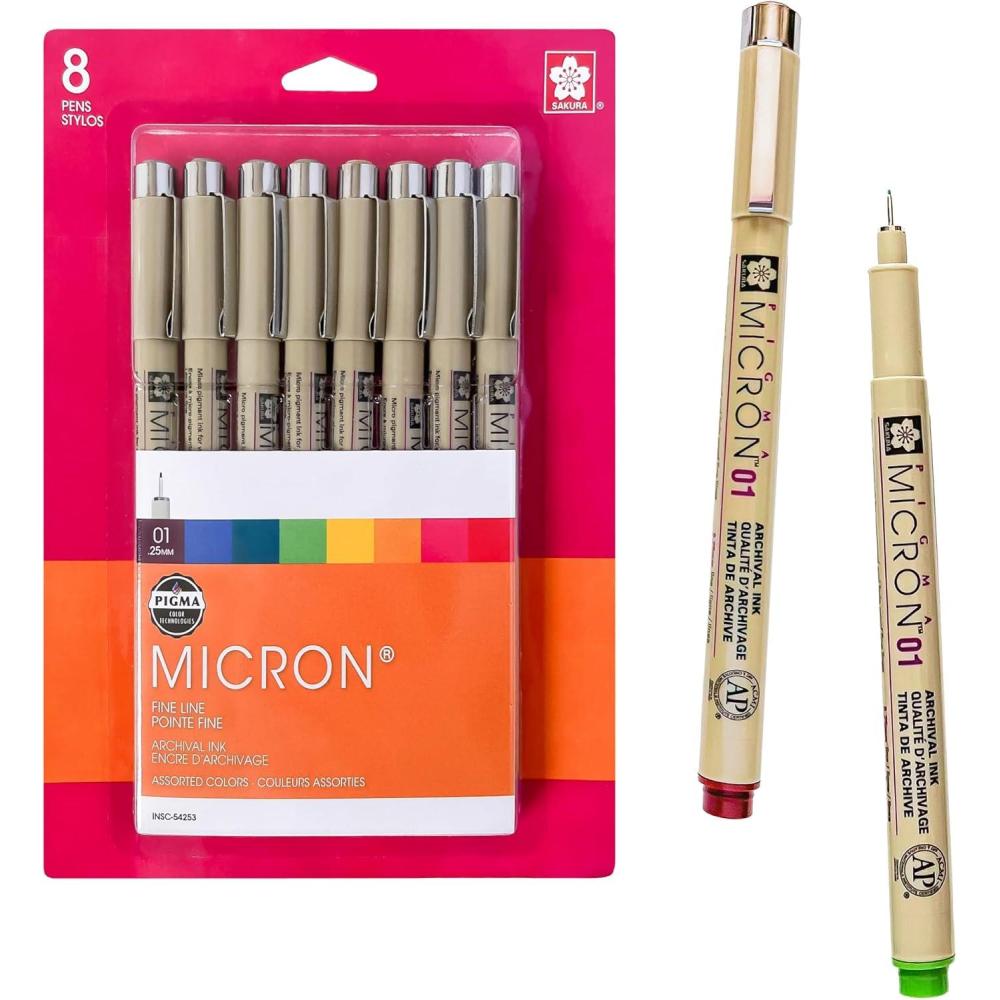 image:imageSAKURA Pigma Micron Fineliner Pens  Archival Colored Ink Pens  For Writing Drawing or Journaling  Colored Ink  01 Point Size  8 Pack